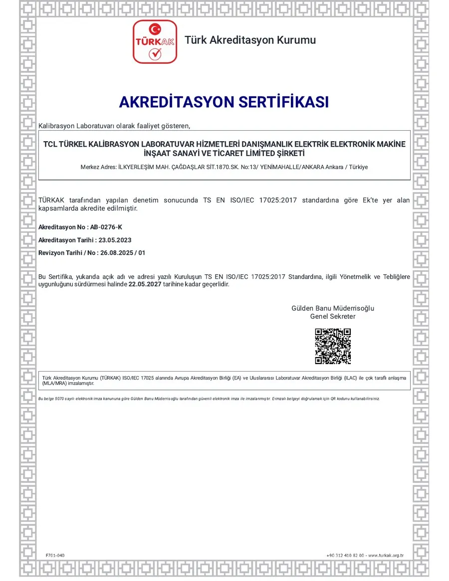 Akreditasyon sertifikasının ilk sayfası